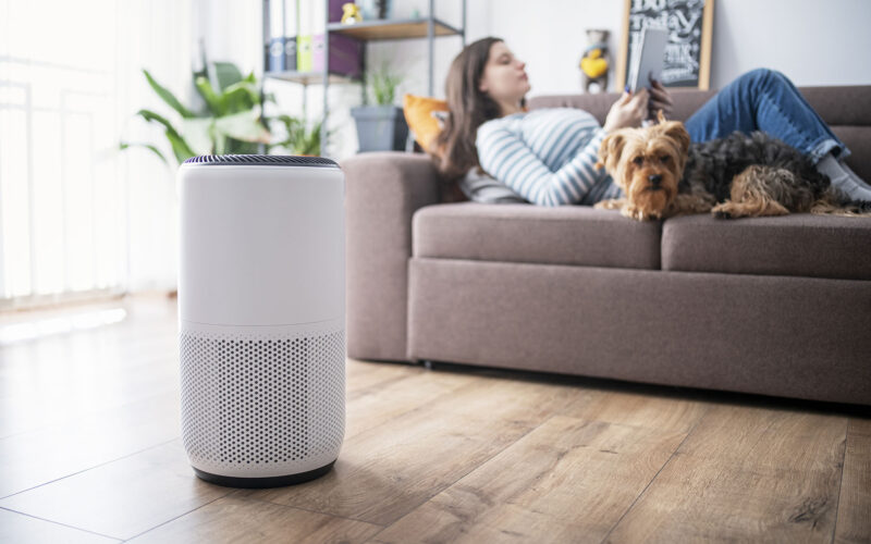 woman using personal air purifier at home